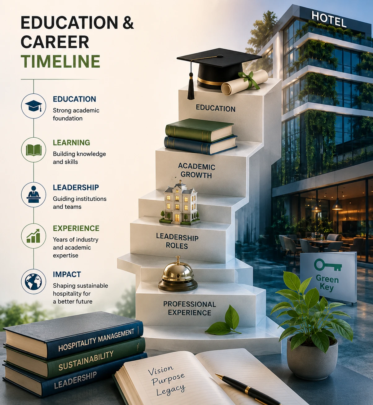 Abstract vertical illustration representing the education and career timeline of Dr. Jagat Mangaraj in hospitality leadership, hotel management education, and sustainable hospitality consulting.
